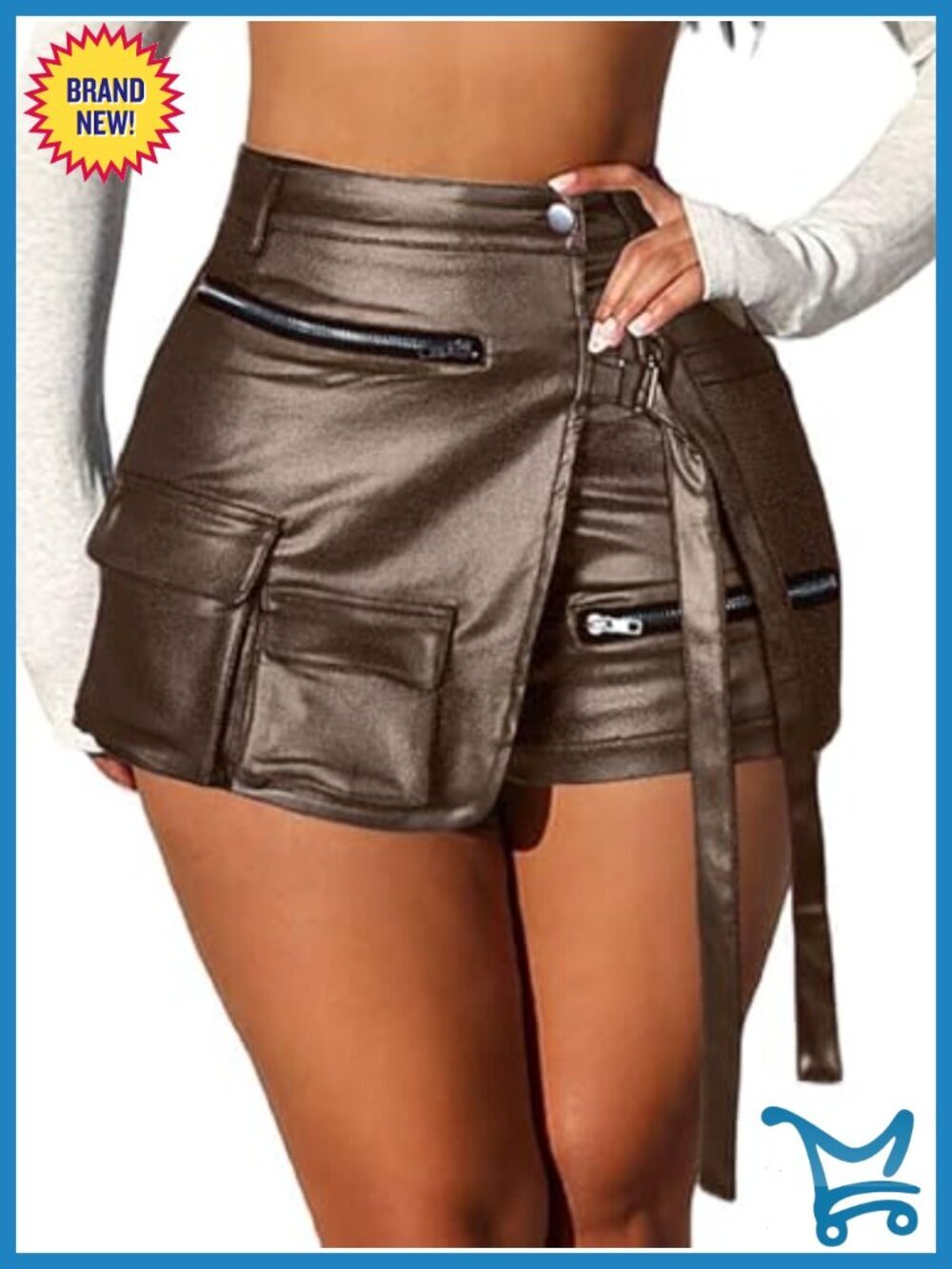 Faux Leather High Waisted Skort with Pockets Asymmetrical Rave Shorts